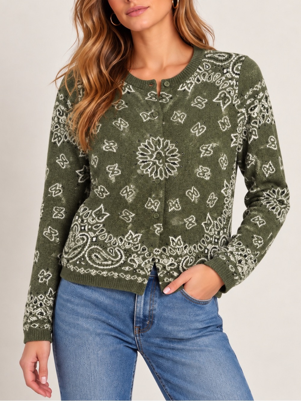 NWT: *Viral* Marled Bandana Cardigan Sweater, Olive Green, Size XS
